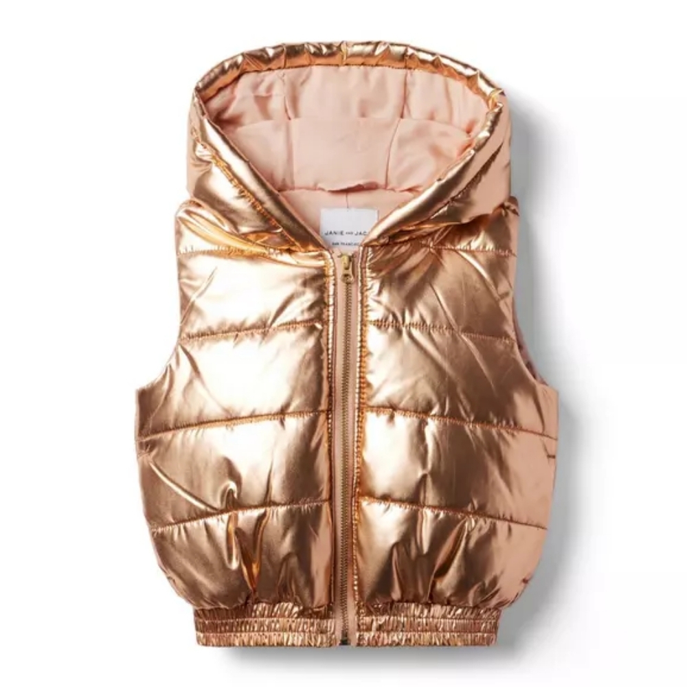 Janie and Jack Rose Gold Metallic Hooded Puffer Vest